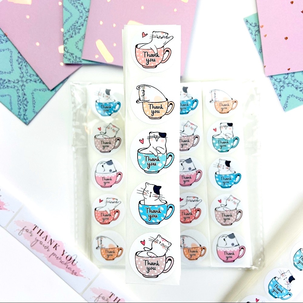 Thank You Stickers. Teacup Cats Cartoon Kittens. Shipping Stickers Envelope Seal